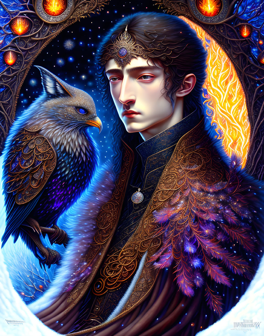 Regal figure and majestic bird in cosmic-themed portrait