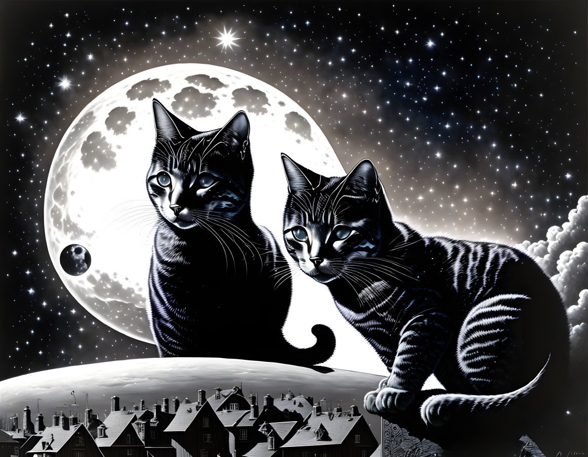 Illustrated black cats under full moon and starry sky.