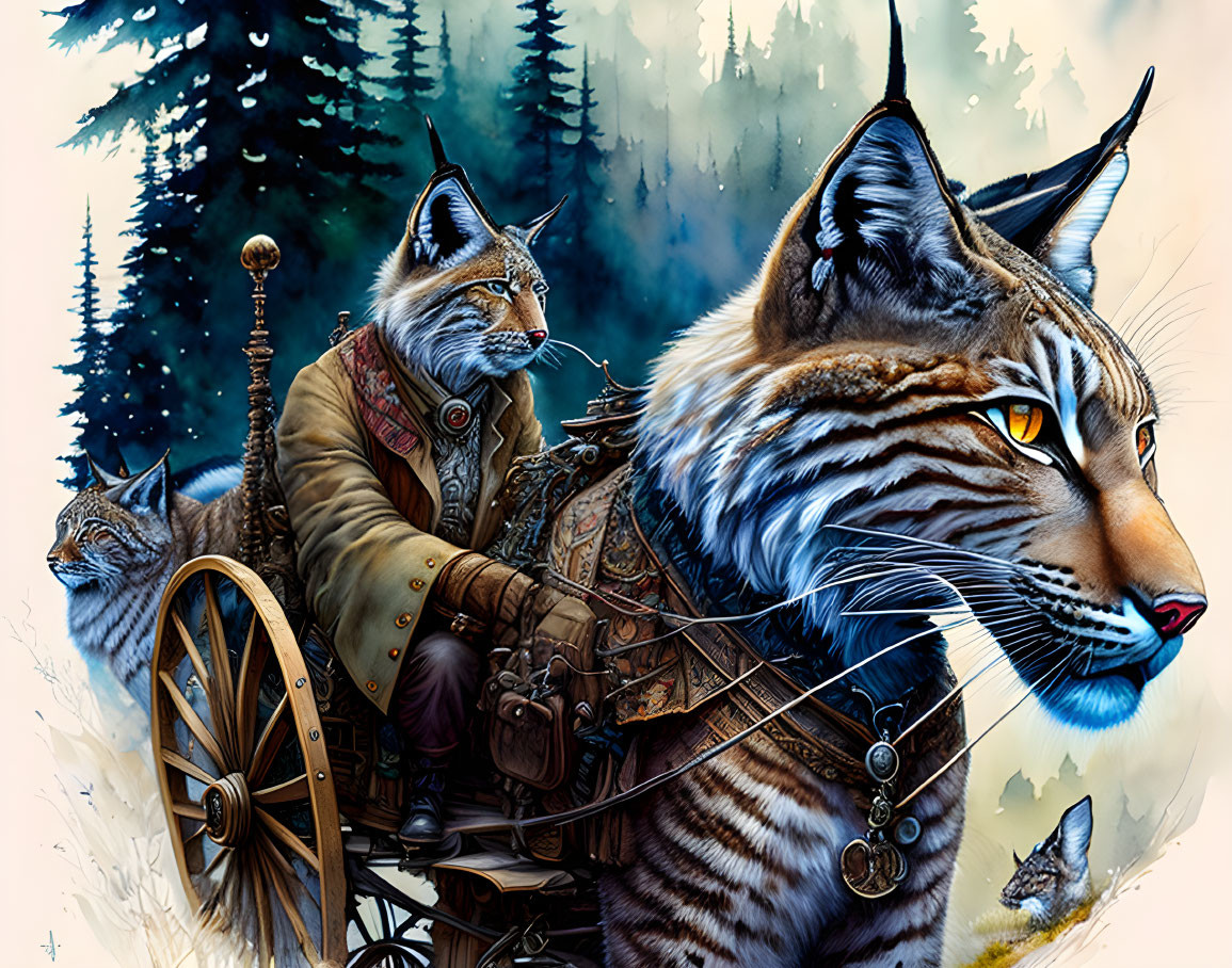 Anthropomorphic bobcat in period clothing driving chariot led by majestic tiger through forest