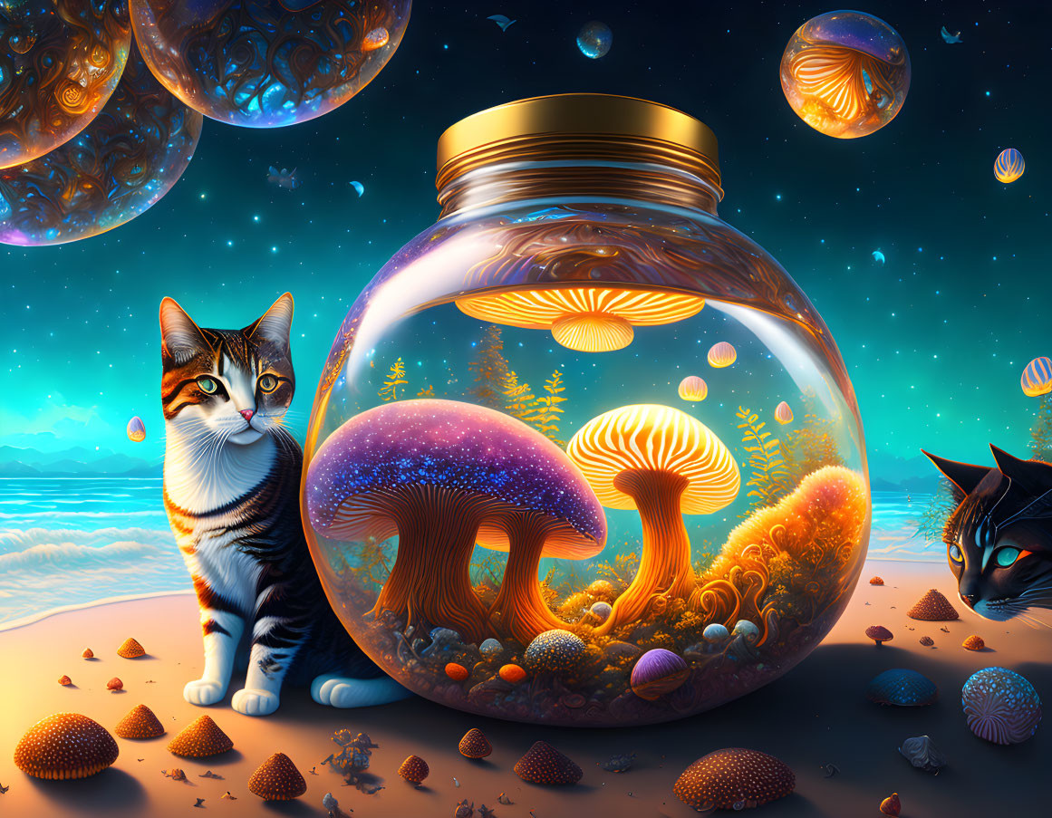 Whimsical illustration of cats with glowing mushrooms and fish under starry sky
