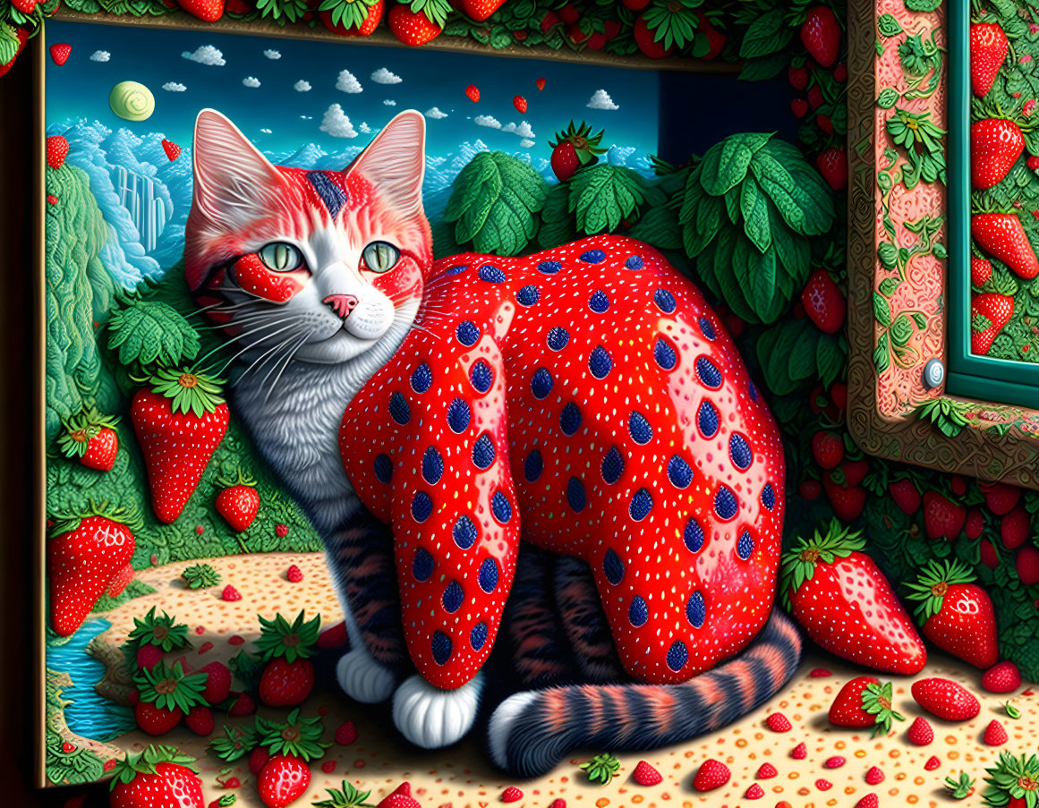 Whimsical red and white spotted cat in vibrant strawberry field under starry sky