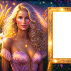 Blonde woman in wheat field with ornate frame and starry sky