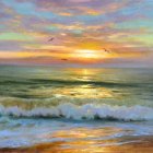 Tranquil beach scene at sunset with orange hues and seagulls