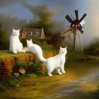 Five white cats with orange spots in garden setting at sunset