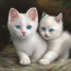 Fluffy white kittens with blue eyes and orange markings on floral surface