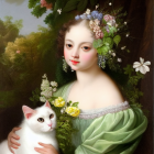 Portrait of elegant woman with flawless skin and blue eyes holding white cat in lush garden.