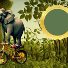 Elephant on Bicycle with Fruit in Jungle Scene