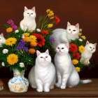 Five White Cats with Orange Markings Among Red and Orange Poppies in Blue Vase