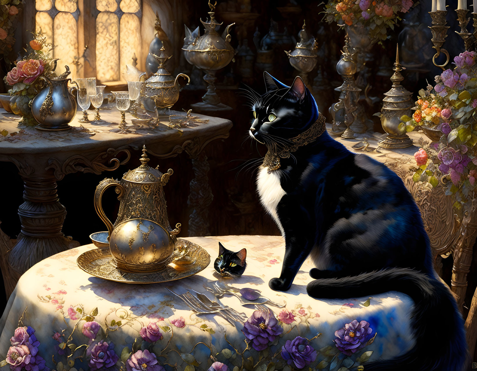 Black and white tuxedo cat with lace collar on floral tablecloth with tea set and miniature cat