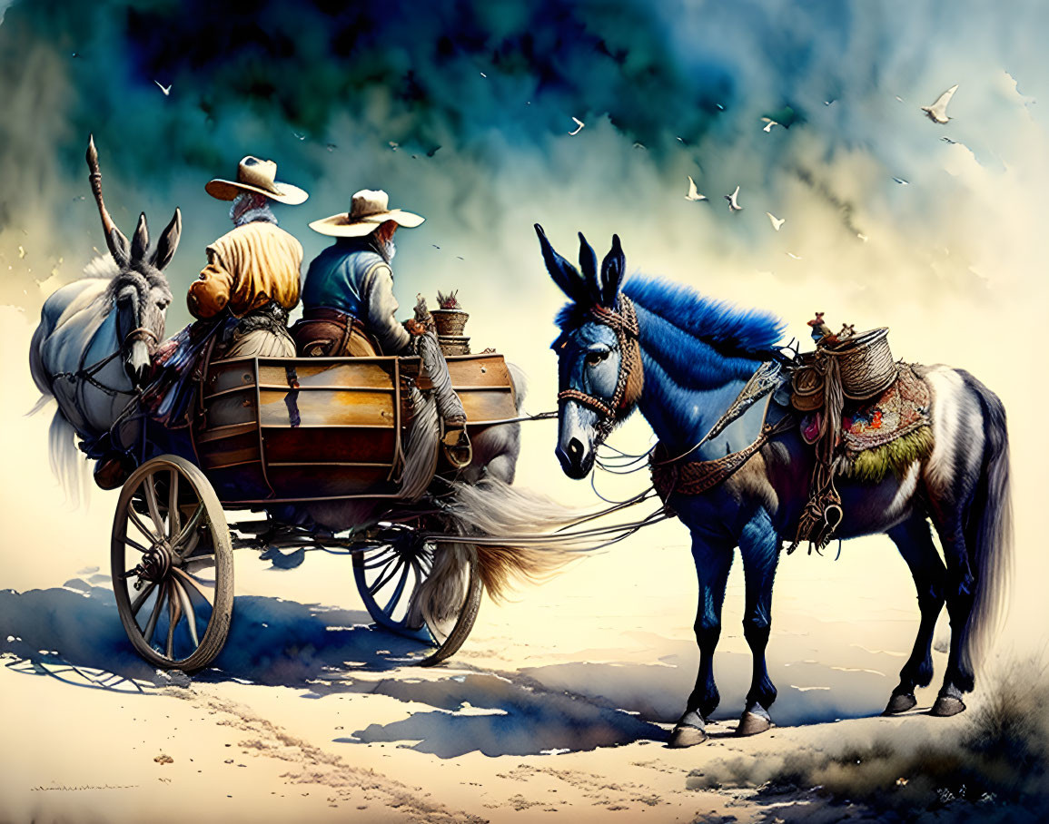 Two individuals on a cart pulled by a blue donkey under a cloudy sky, surrounded by flying birds