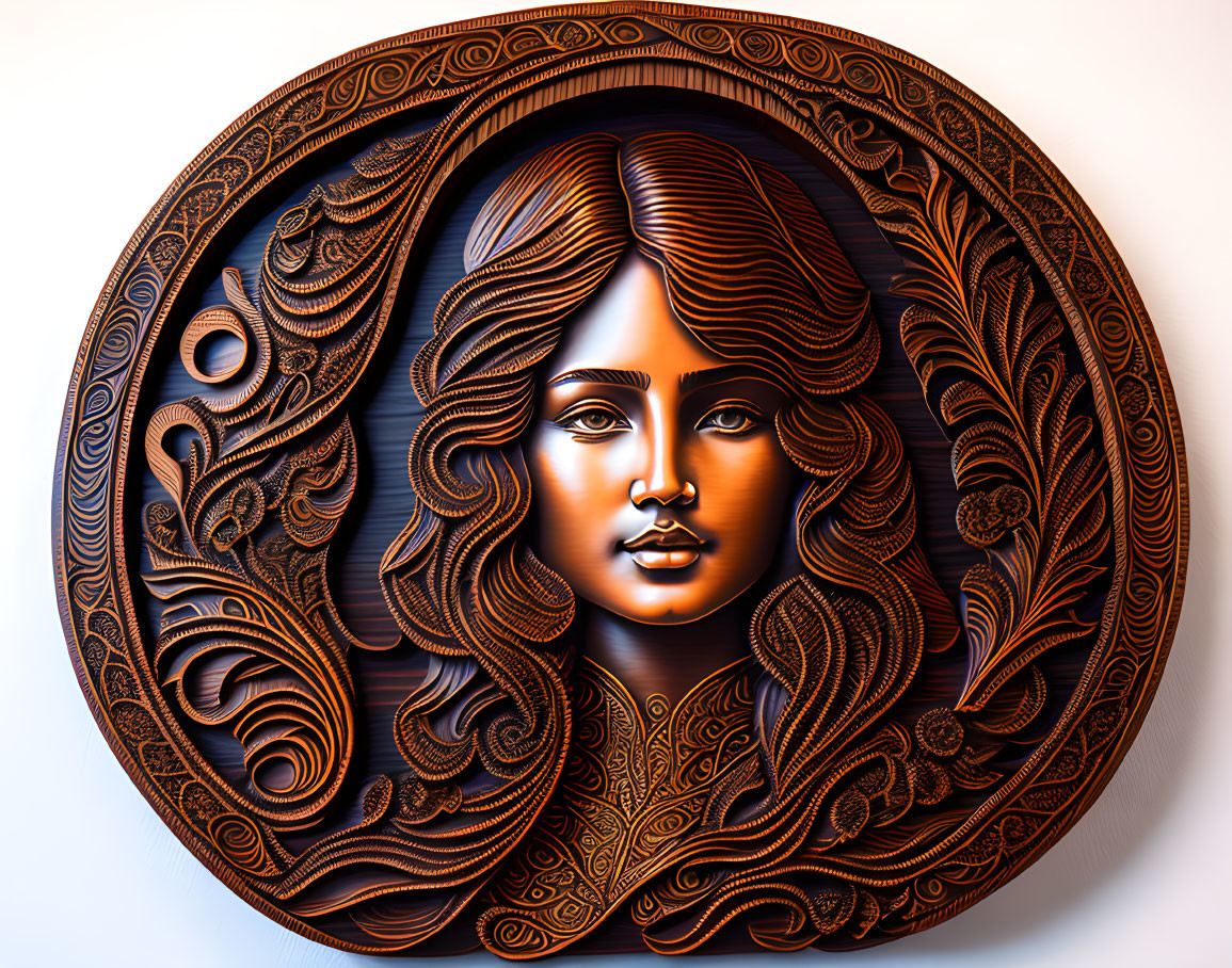 Circular Wood Relief Featuring Woman's Face and Intricate Hair Design