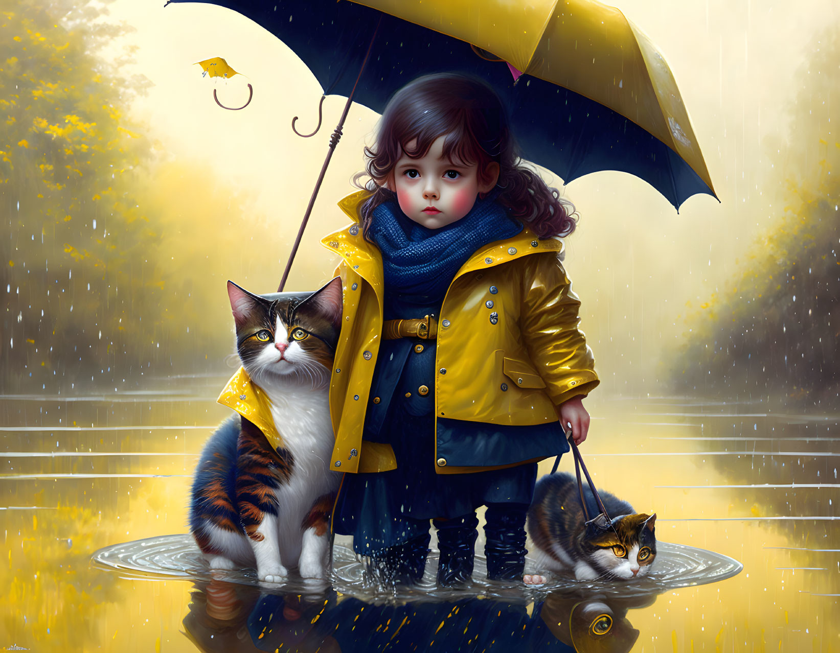 Child in Yellow Raincoat with Cats in Rainy Day Scene