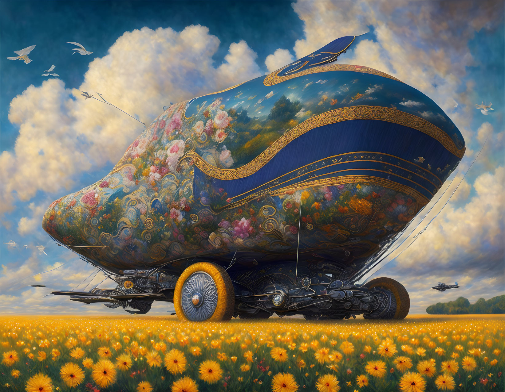 Ornate airship-like vehicle in sunflower field with birds and planes