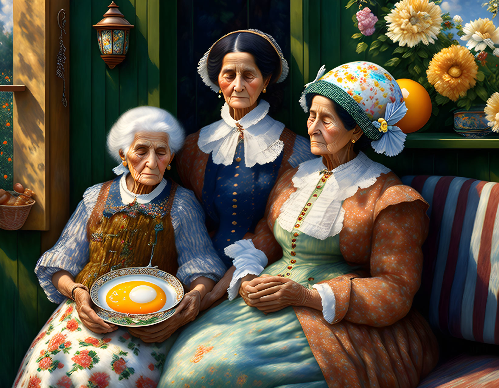 Three elderly women in traditional dresses with a plate of a single egg by a window amidst vibrant flowers and