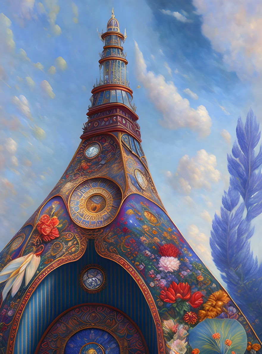 Ornate floral-patterned tower with clocks under fluffy cloud sky