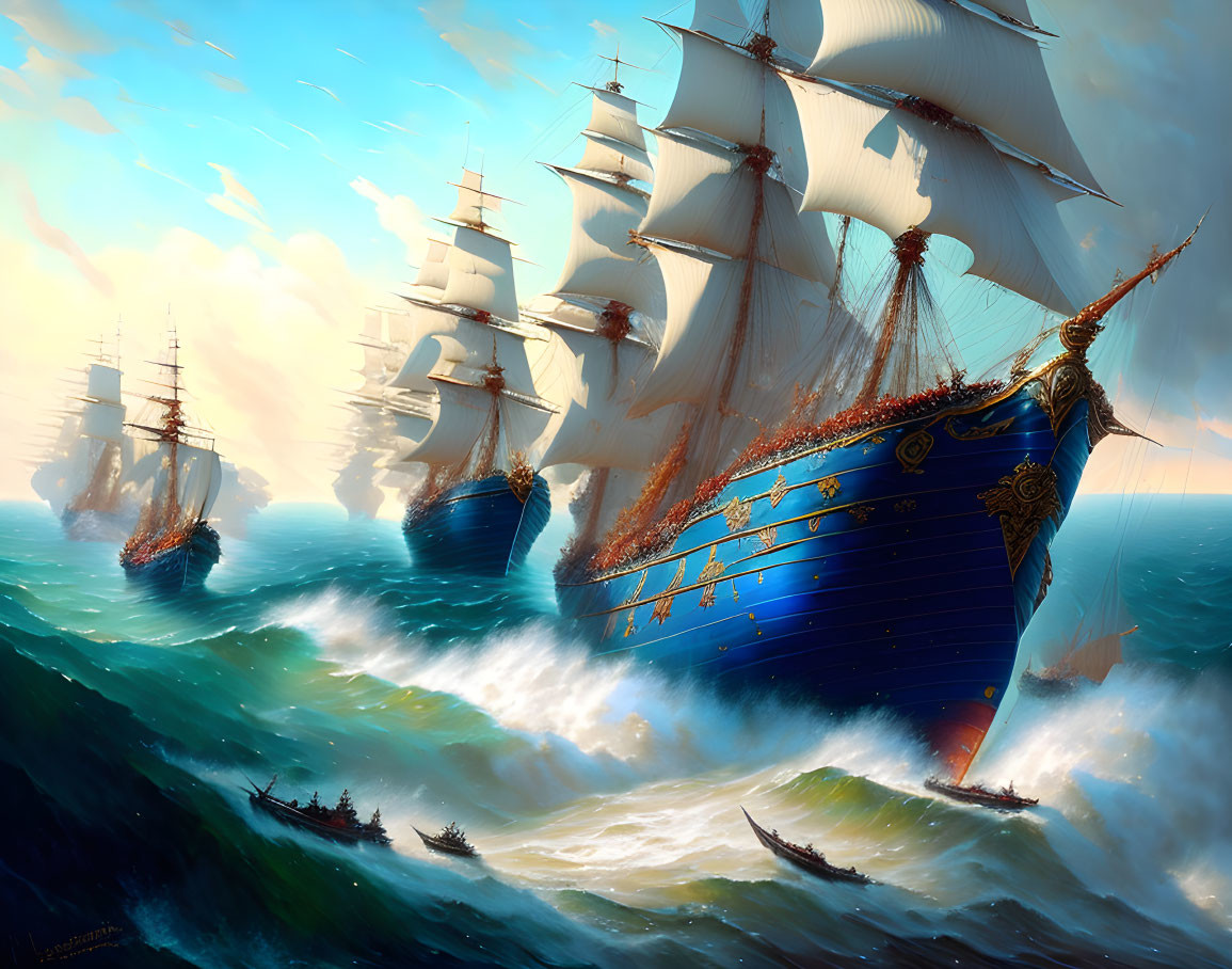 Majestic tall ships sailing through tumultuous ocean waves