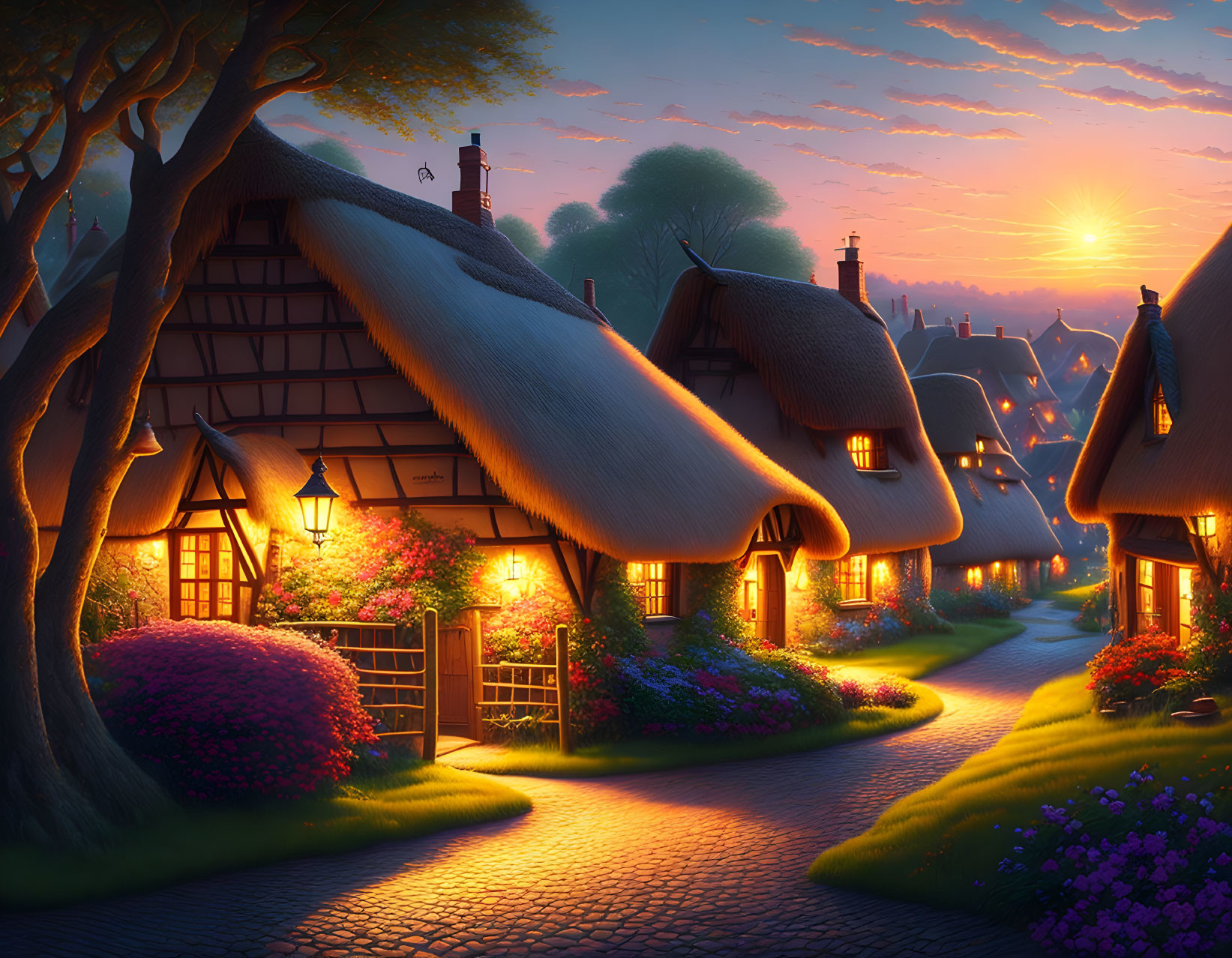 Scenic village: thatched-roof cottages, glowing lamps, lush gardens at sunset