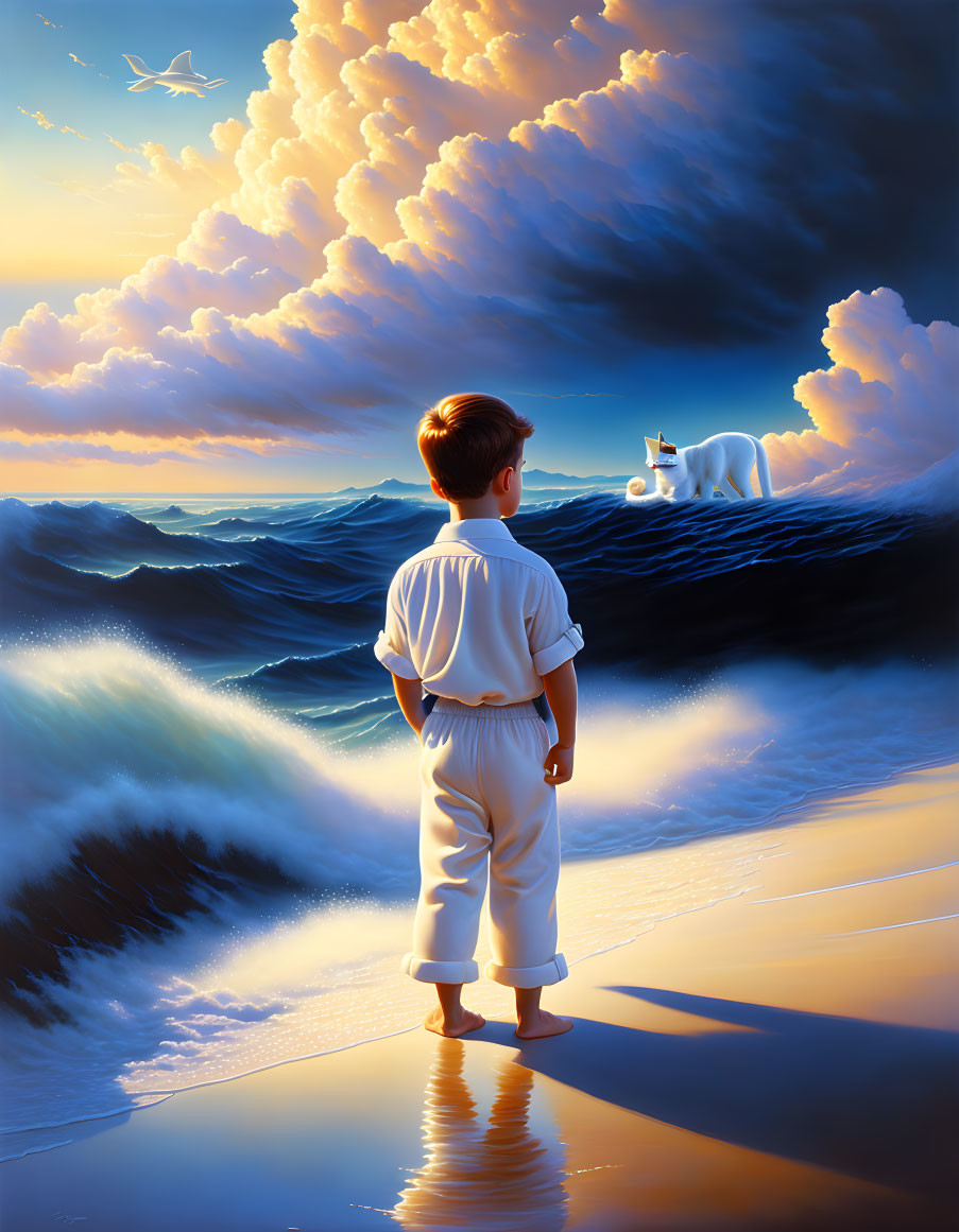 Boy in white clothing gazes at cat on shore under dramatic sky