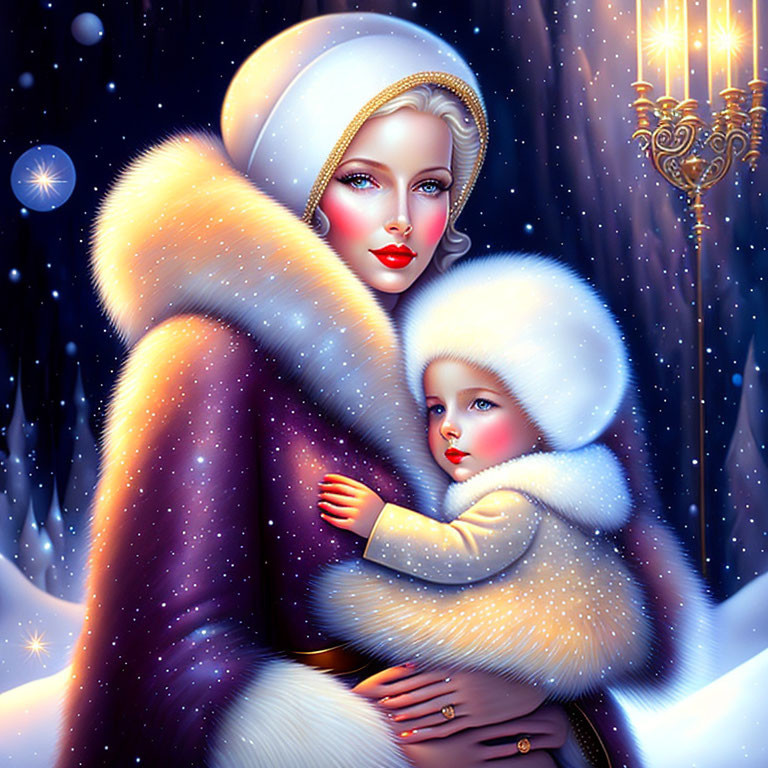 Illustration of woman and child in white winter outfits on snowy night with lamp post