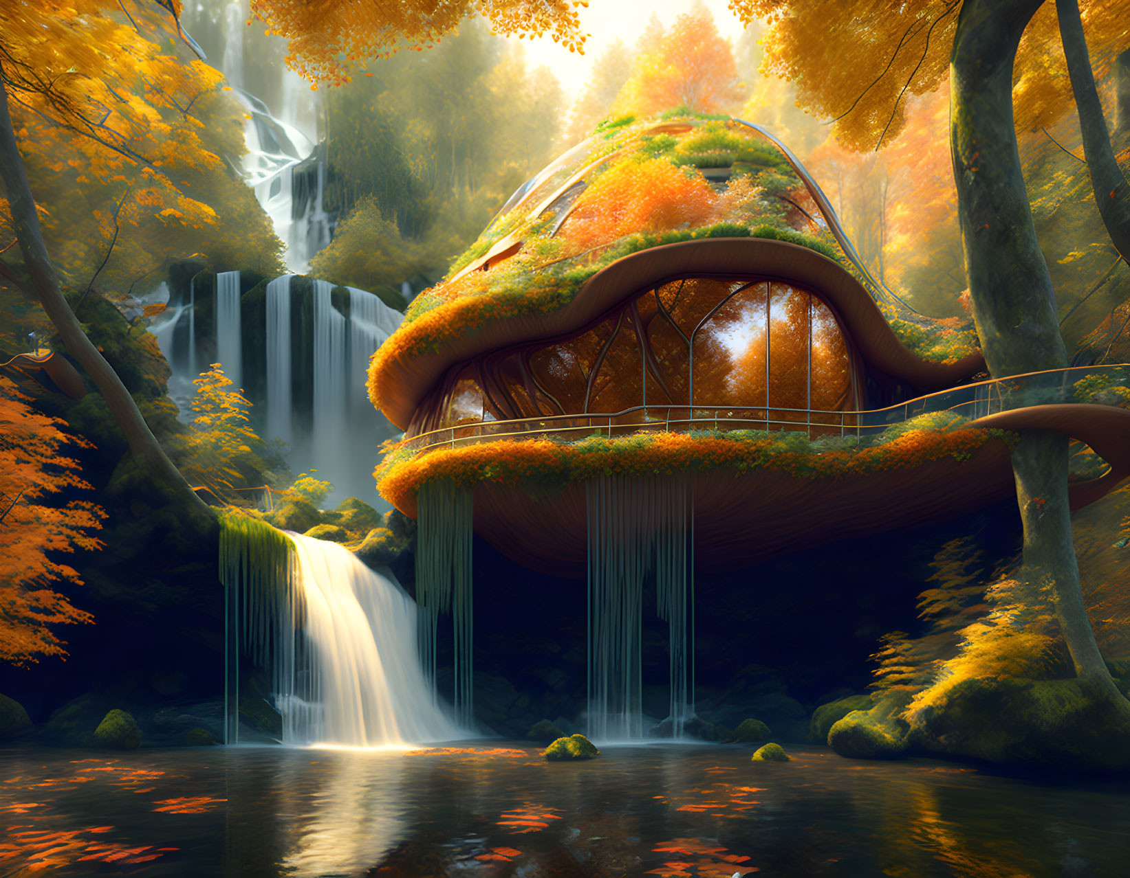 Enchanting forest scene with mushroom-shaped house and waterfall