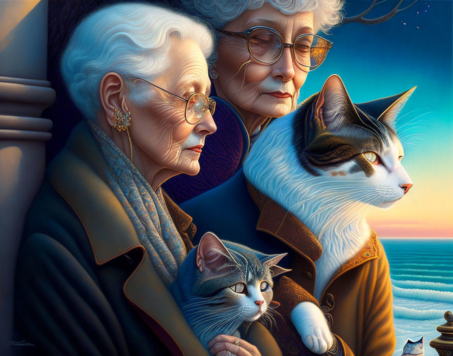 Elderly Women and Cats with Twilight Seascape Background