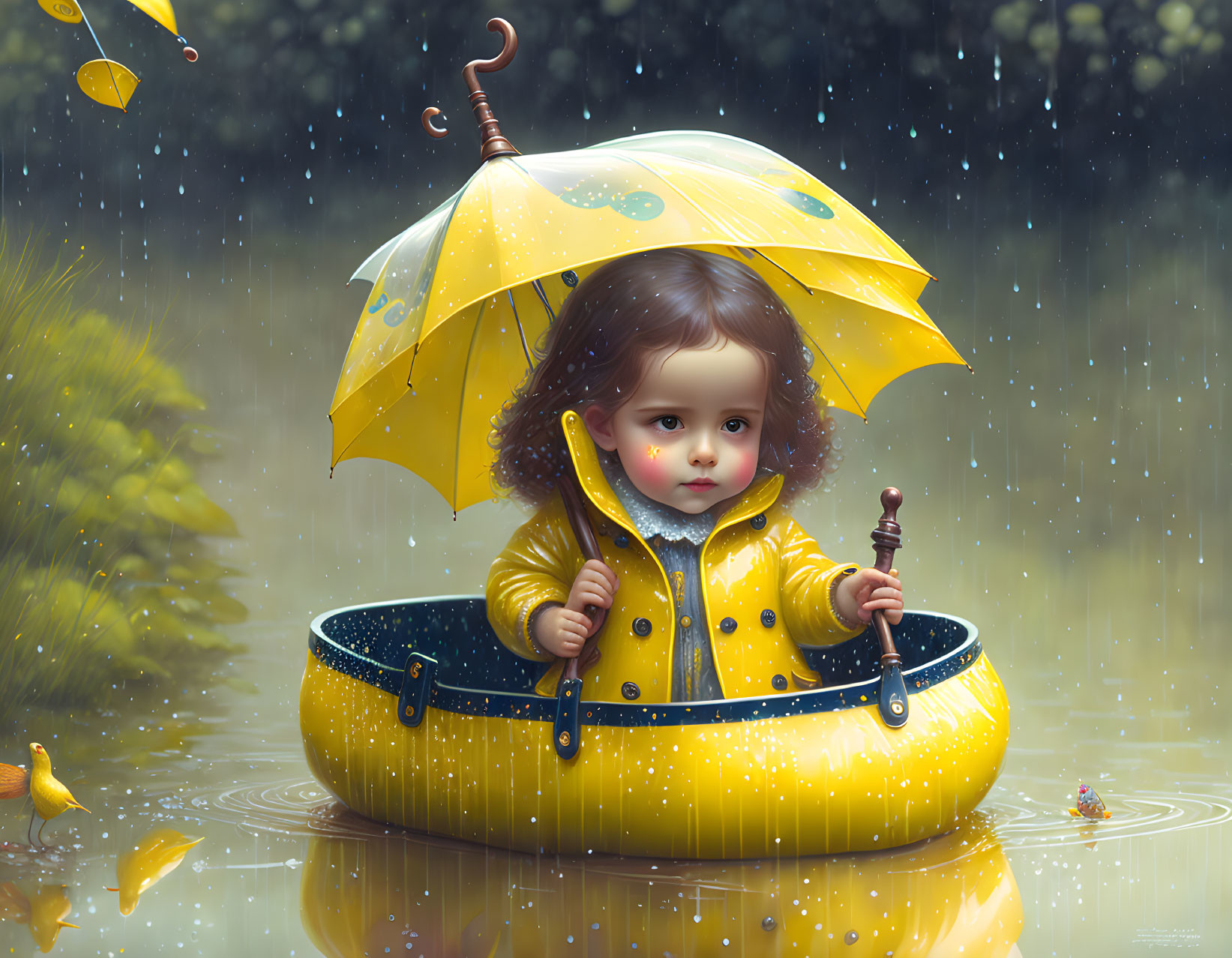 Child in Yellow Raincoat with Ducks and Umbrella in Rain