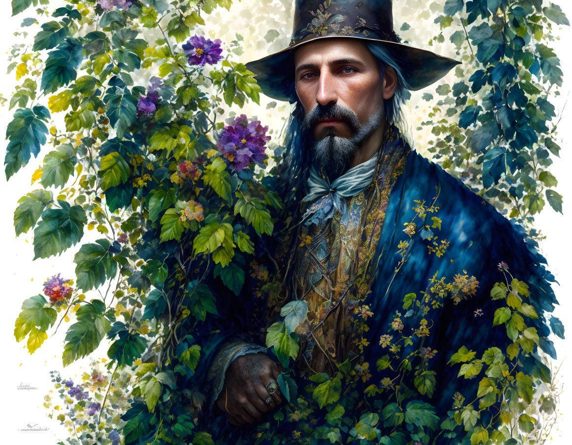 Bearded Man in Blue Coat and Hat Surrounded by Greenery and Flowers