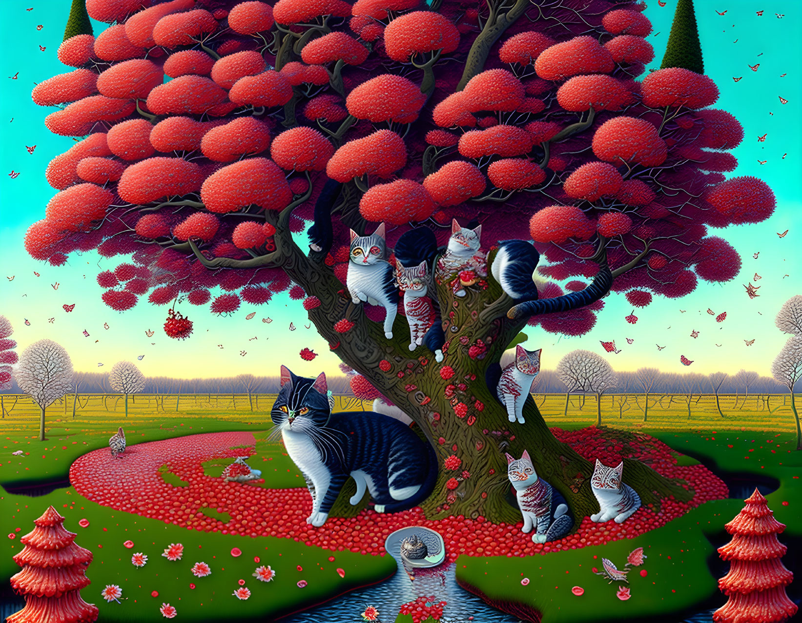 Colorful Tree with Red Foliage and Whimsical Cats in Patterned Landscape