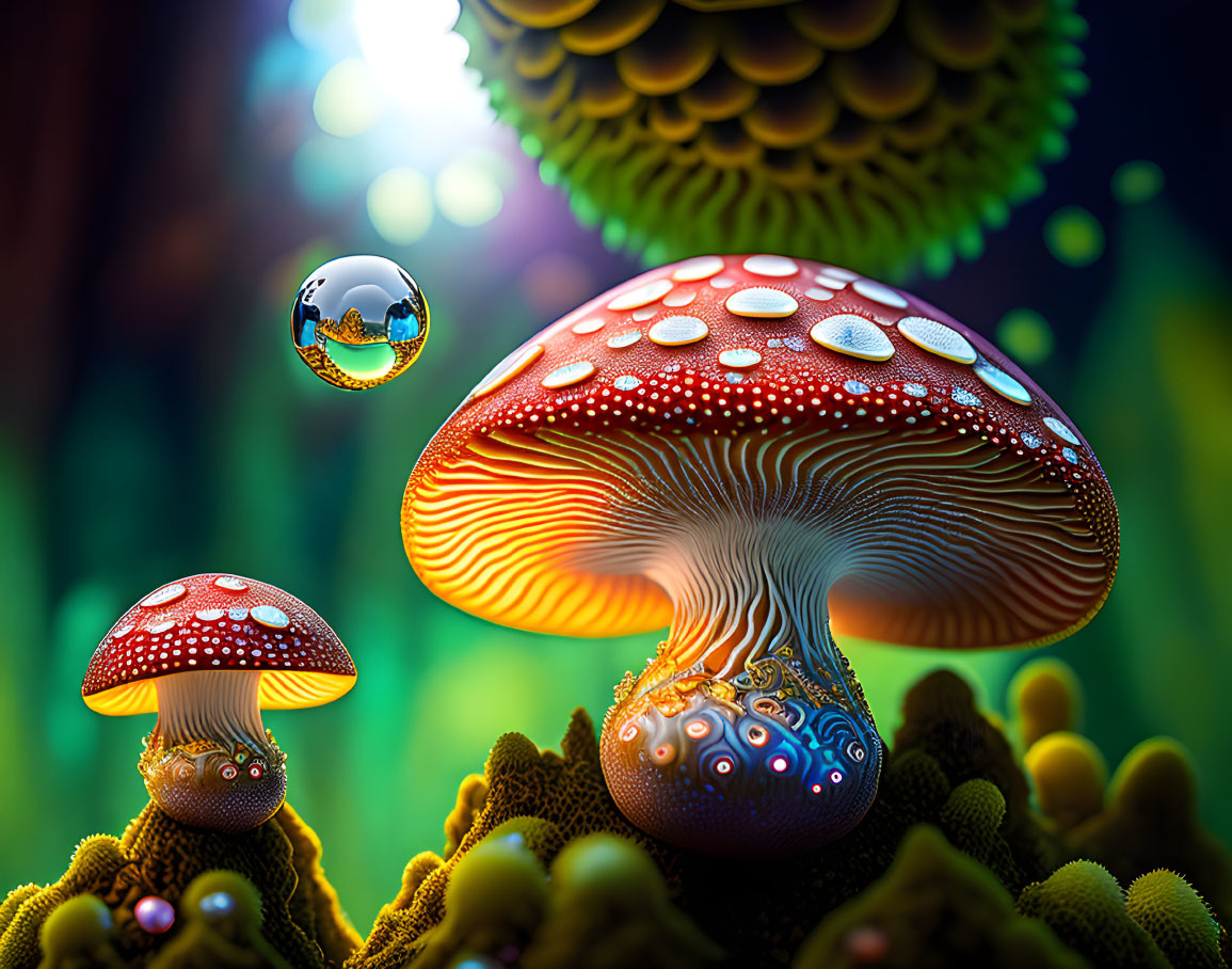 Fantasy mushrooms digital art with intricate patterns on mossy green backdrop