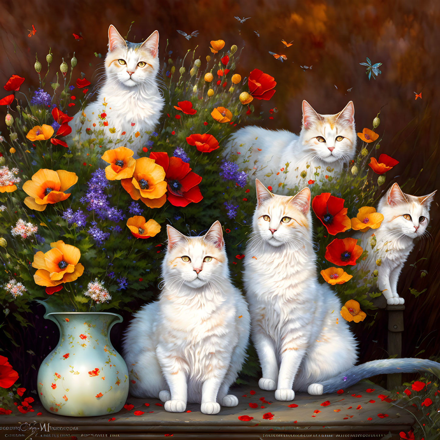 Five White Cats with Orange Markings Among Red and Orange Poppies in Blue Vase