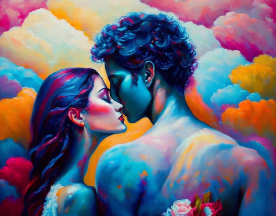 Colorful painting of man and woman in profile with noses touching on vibrant cloud background.