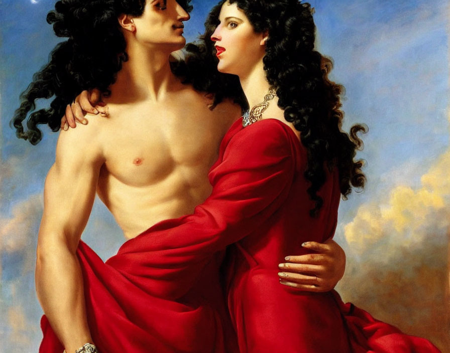 Intimate embrace of shirtless man and woman in red against cloudy backdrop