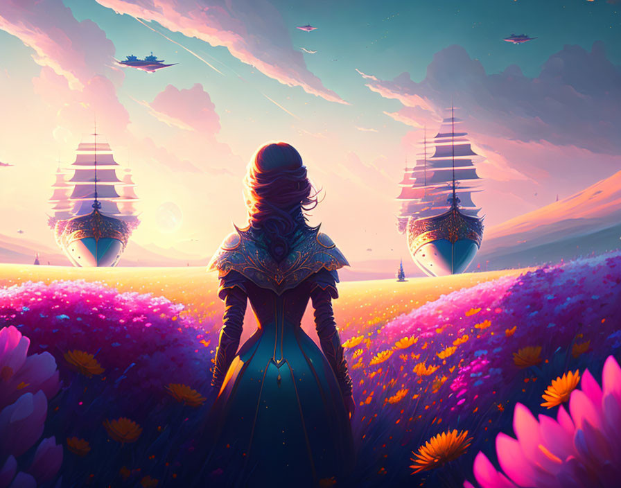 Medieval armor-clad woman gazes at vibrant flower field with futuristic airships under dreamy sky