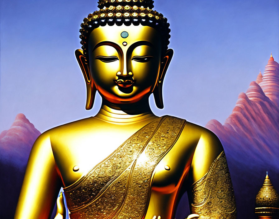 Golden Buddha statue with intricate robe patterns against purple mountains