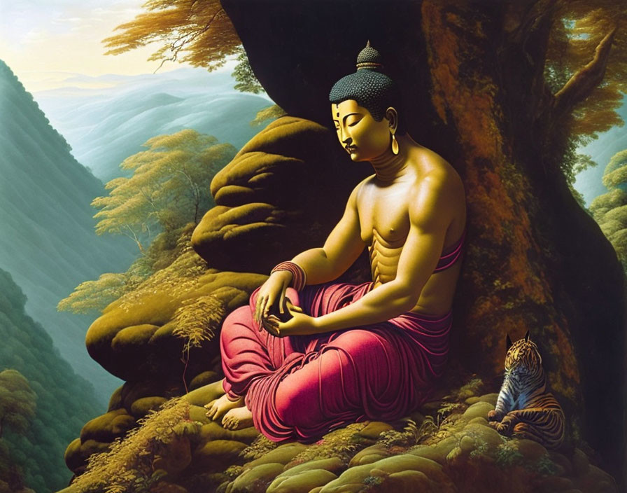 Buddha meditating under tree with tiger in serene forest landscape