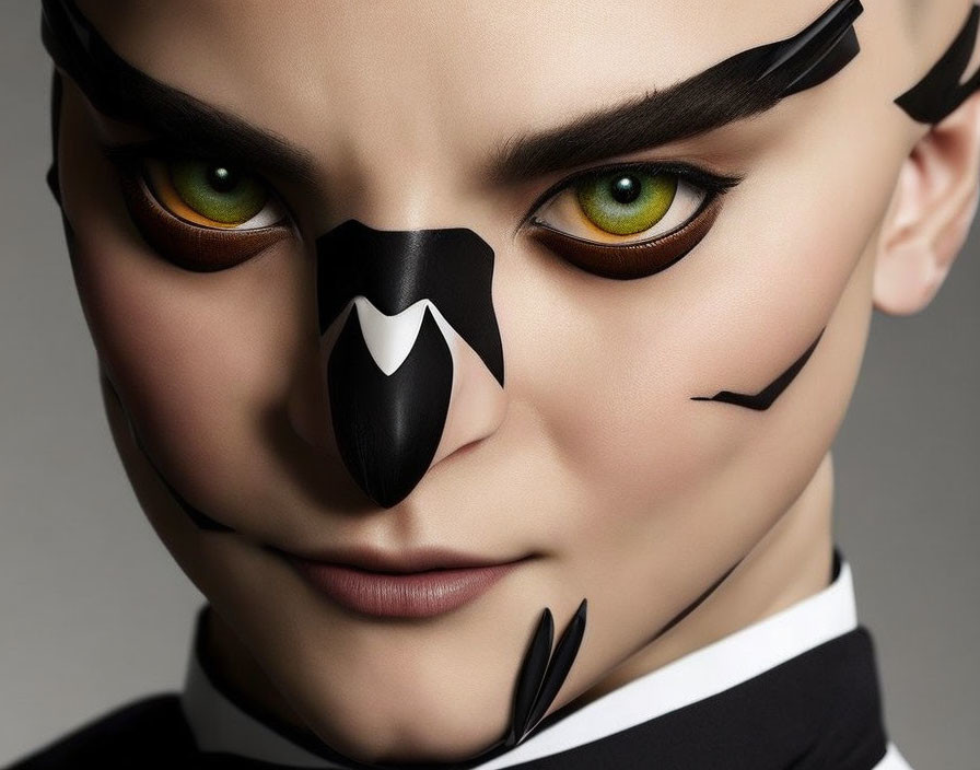 Person with Dramatic Bird of Prey Makeup: Black Beak Nose and Yellow Eyes