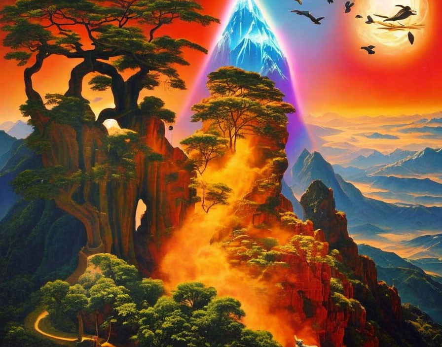 Fantasy landscape with cliff, waterfall, birds, fiery base, mountains, and sunset sky