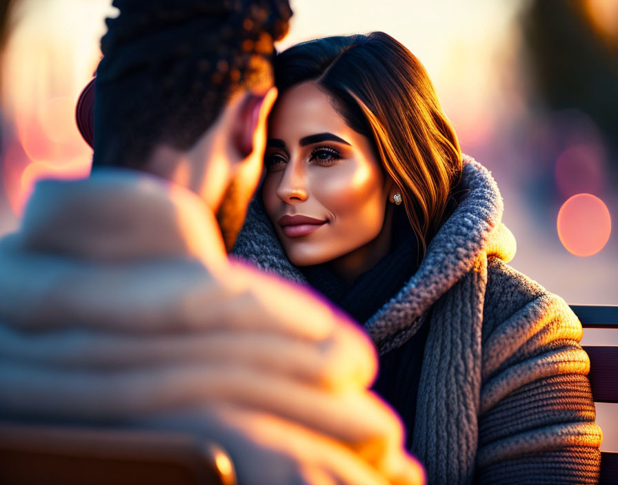 Woman with sleek hair and makeup gazing affectionately at person in twilight scene.