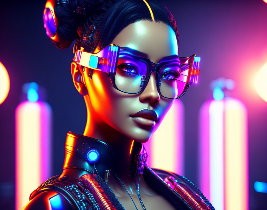 Futuristic woman with neon glasses and cybernetic enhancements.