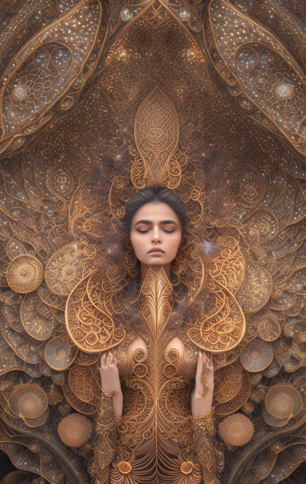 Woman with solemn expression amidst golden mandala patterns