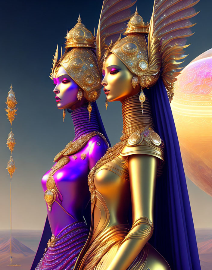 Surreal regal female figures with golden headdresses in fantasy landscape