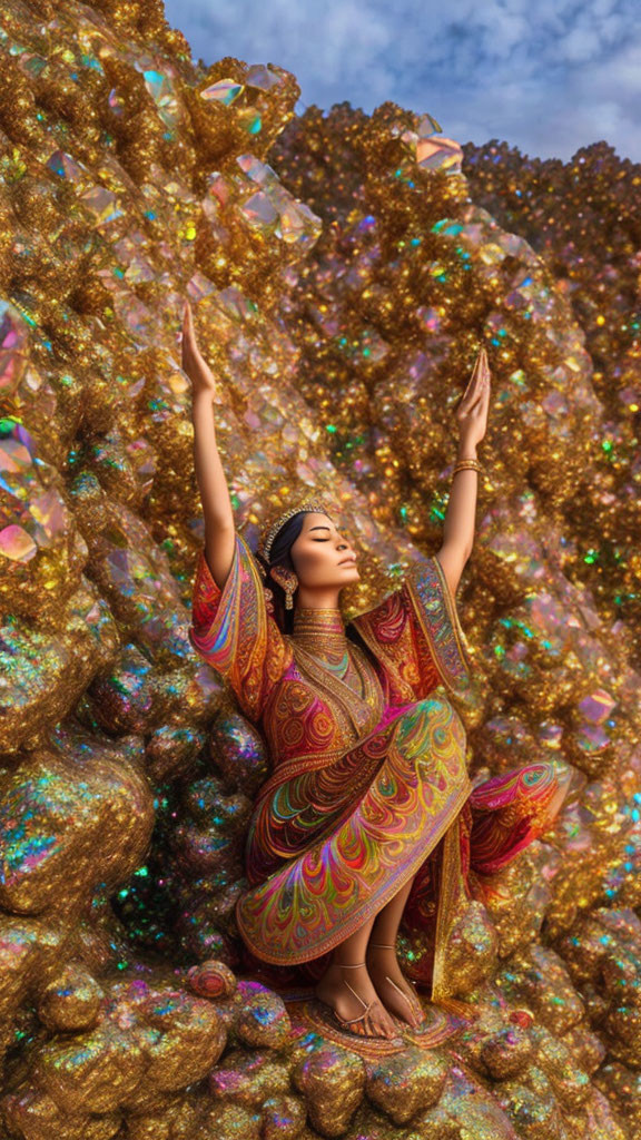 Woman in vibrant sari with raised arms against golden backdrop.