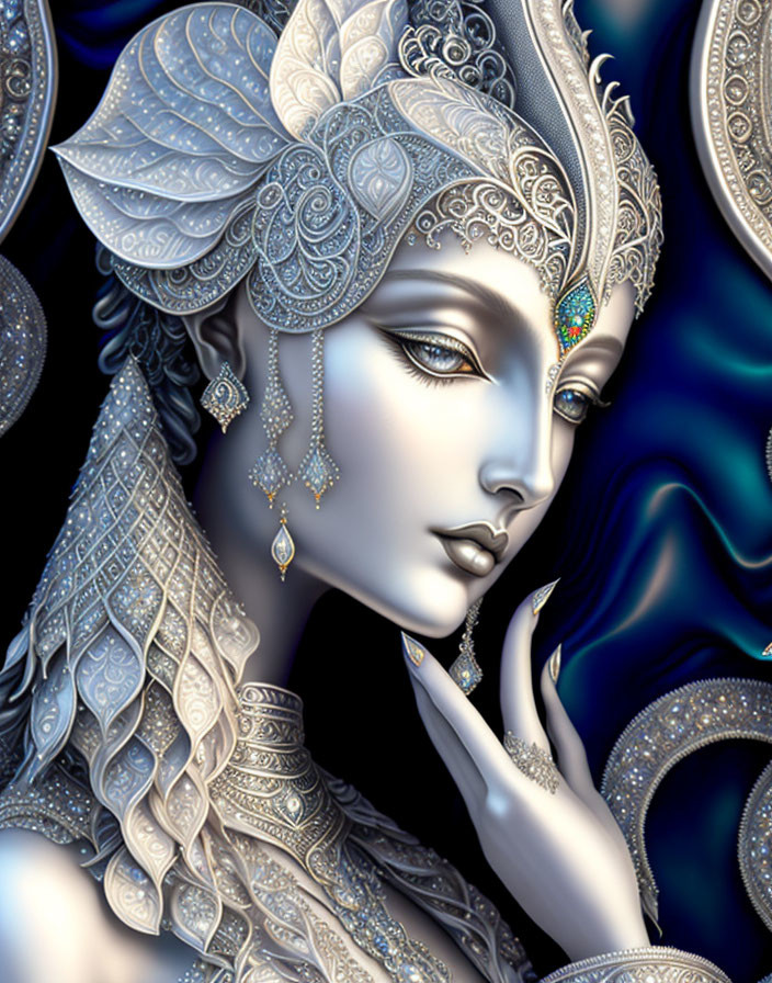 Detailed silver armor-like attire woman illustration on dark blue backdrop