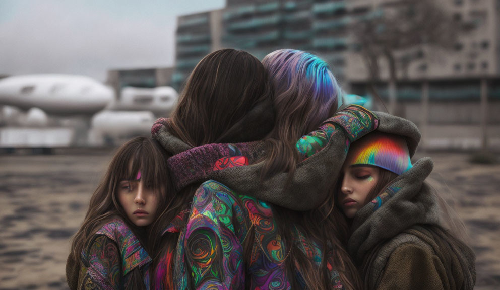 Group of four hugging with rainbow reflection, airplane in desolate background