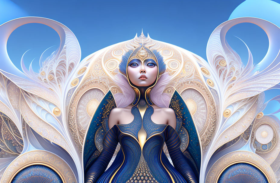 Intricate blue-themed digital artwork of a female figure