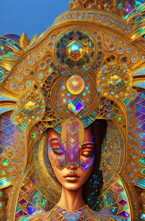 Colorful digital art: stylized woman's face with golden patterns and jewels