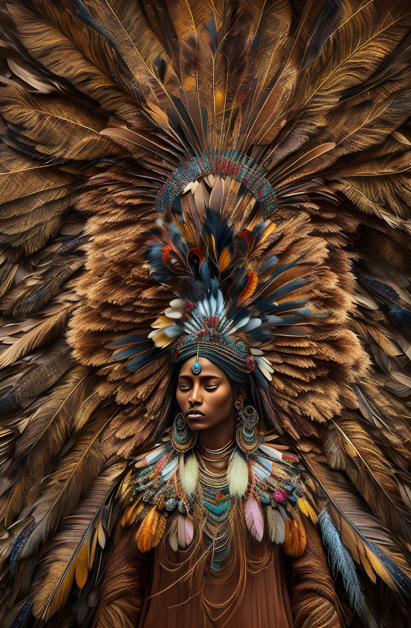 Person wearing large feather headdress and colorful jewelry in browns and blues.