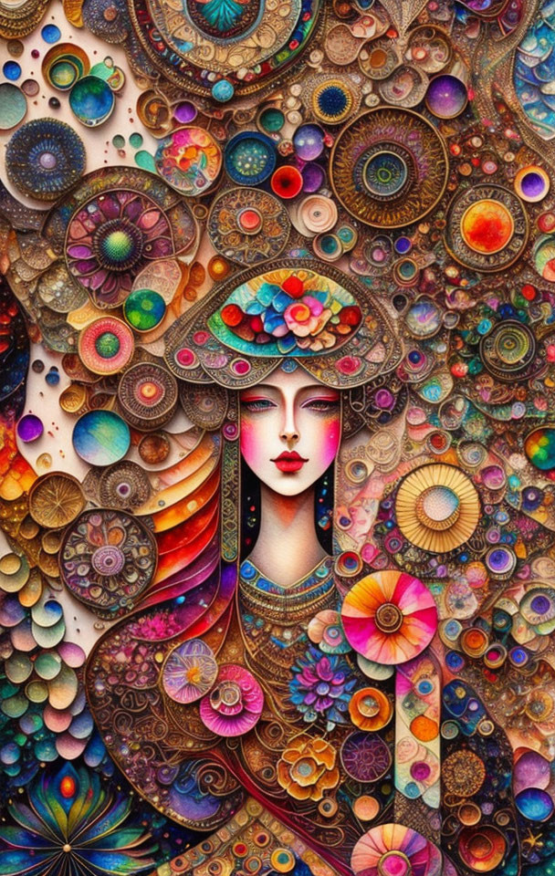 Colorful Psychedelic Artwork of Stylized Woman and Patterns