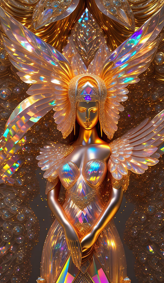 Digital art: Majestic humanoid with golden wings and sparkling armor on glittering backdrop