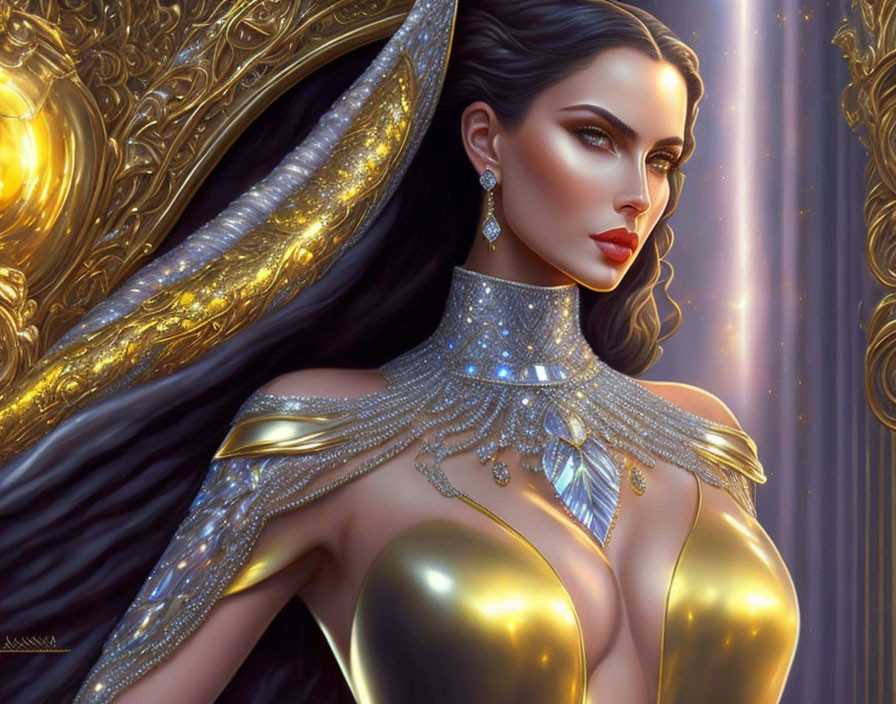 Dark-haired woman in golden dress and diamond jewelry against golden backdrop